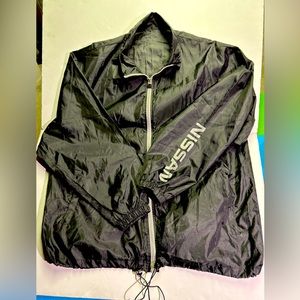 NISSAN Branded Windbreaker Jacket Black Nylon Drawstring Phone Pocket Size XL
